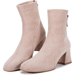 Women's Square Toe Ankle Chestnut Boot Faux Suede Low Apricot Heel Chelsea Shoes